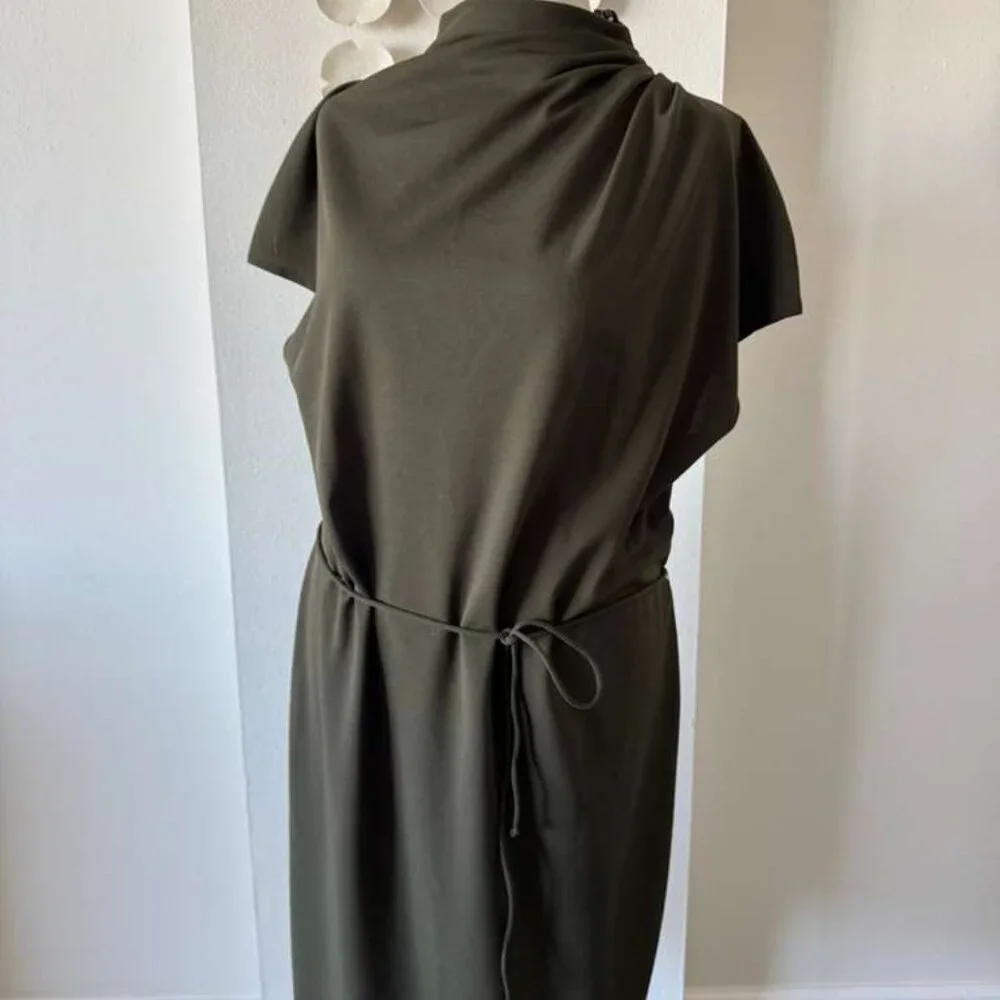 ZARA Olive Green Draped Midi Dress | Size XL - Picture 3 of 5